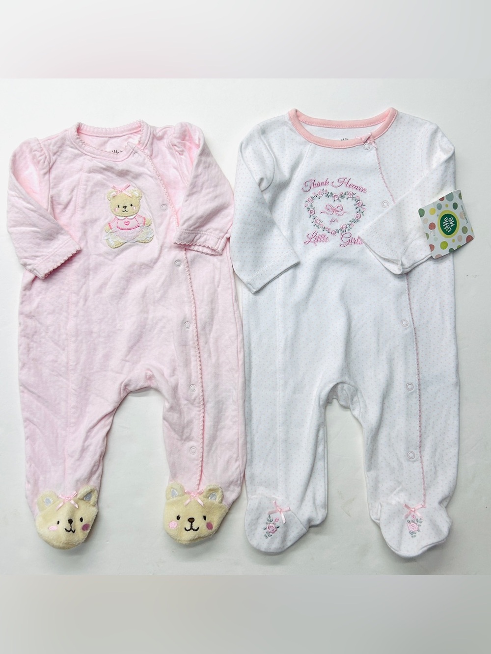 Little Me Pink Baby Footed Sleepers Bear Thank Heaven for Little Girls Lot of 2